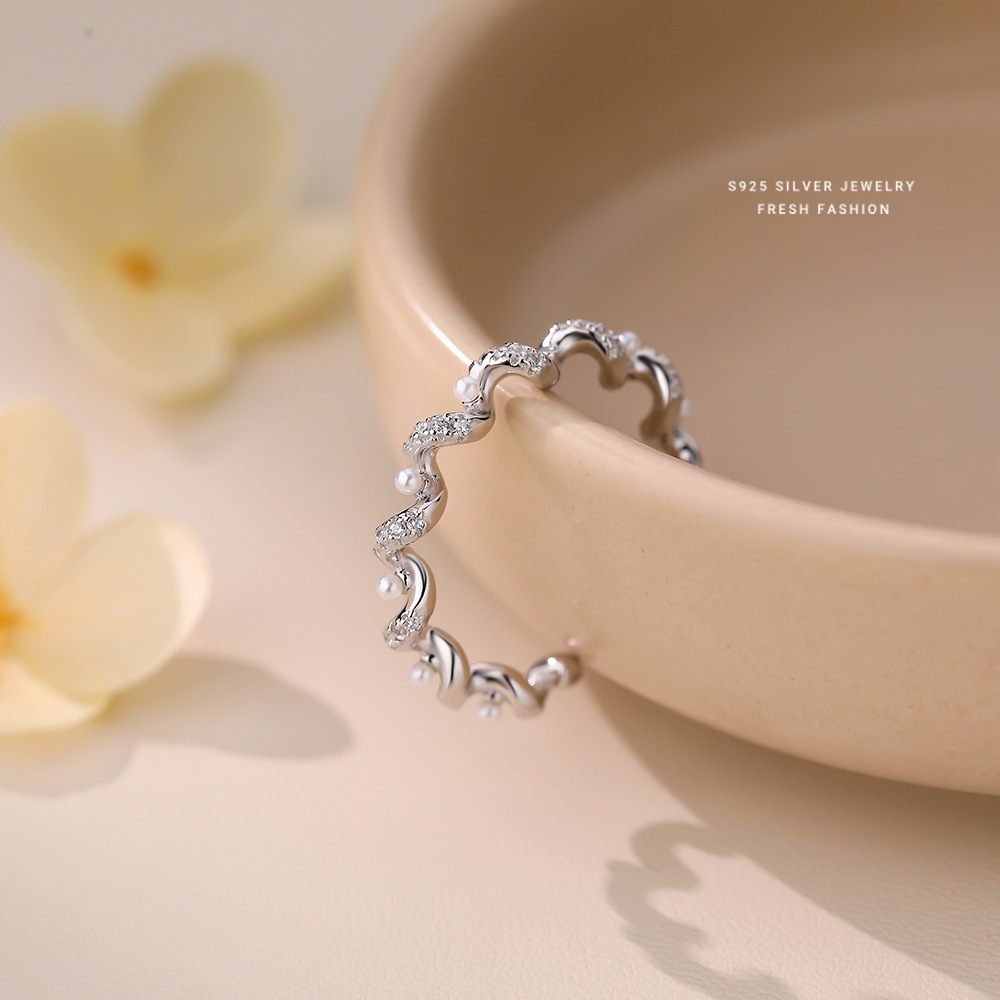 日本品质螺旋设计感S925纯银波浪珍珠戒指女爆闪时尚小众轻奢百搭