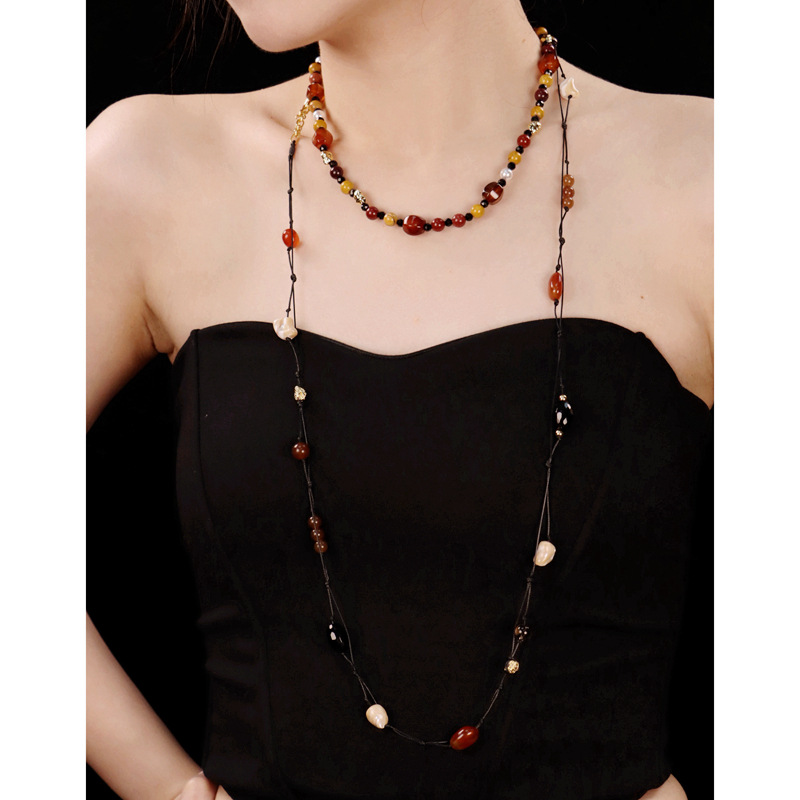 日本品质 天然红玛瑙编绳编织长项链秋冬时尚复古高级毛衣链双层