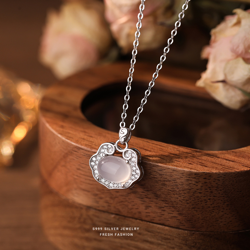 日本品质S999纯银白玉髓平安如意项链女时尚国风新中式小众锁骨链