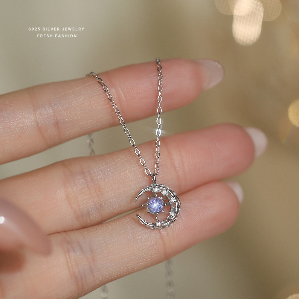 日本品质S925纯银幻彩星月项链女小众设计感韩版ins轻奢高级感锁