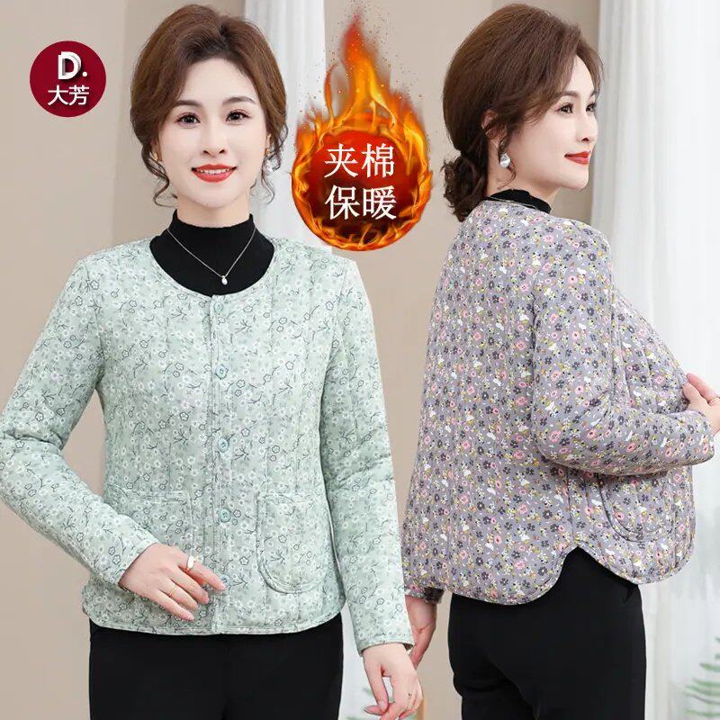 柔软夹棉保暖内胆小碎花棉衣女士短款秋冬妈妈装长袖轻薄棉袄外套