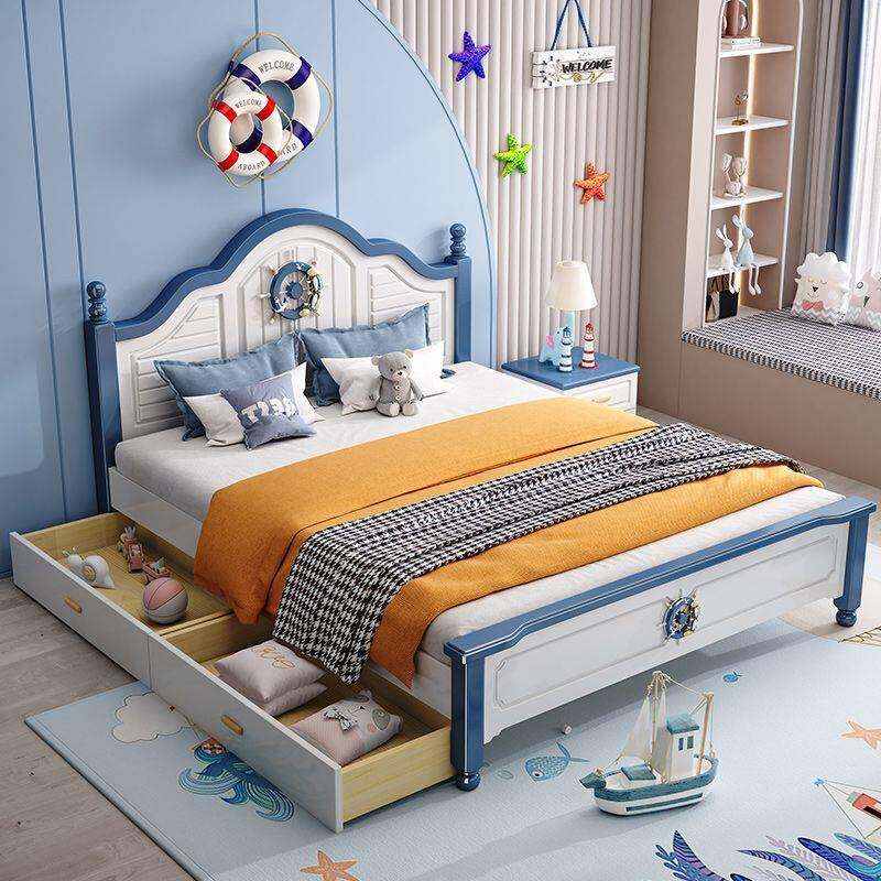 儿童实木男儿童孩房床地中海男童床一米EIY学二宽生床小孩床单人