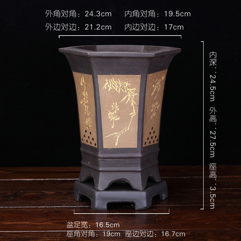 紫砂花盆兰花盆君子兰盆景盆古典大号六方陶瓷花盆带落地式直销