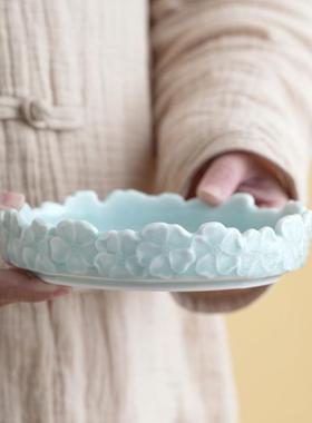 浮雕承壶中式干泡茶盘复古养壶茶承茶道配件玉兰花新果青84783瓷