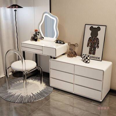 实VMM木岩板奶油梳妆台全木现简约化妆台代收实纳柜桌卧室梳妆风