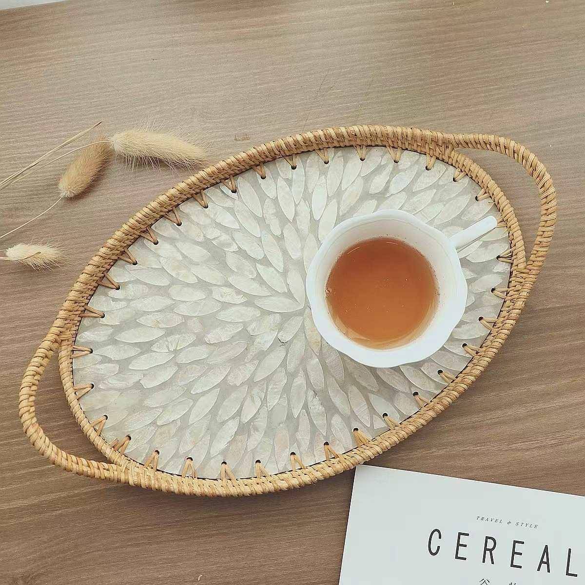 藤编贝壳托盘南天然贝母拼椭接编织圆收F87M786J纳盘越家用客几厅