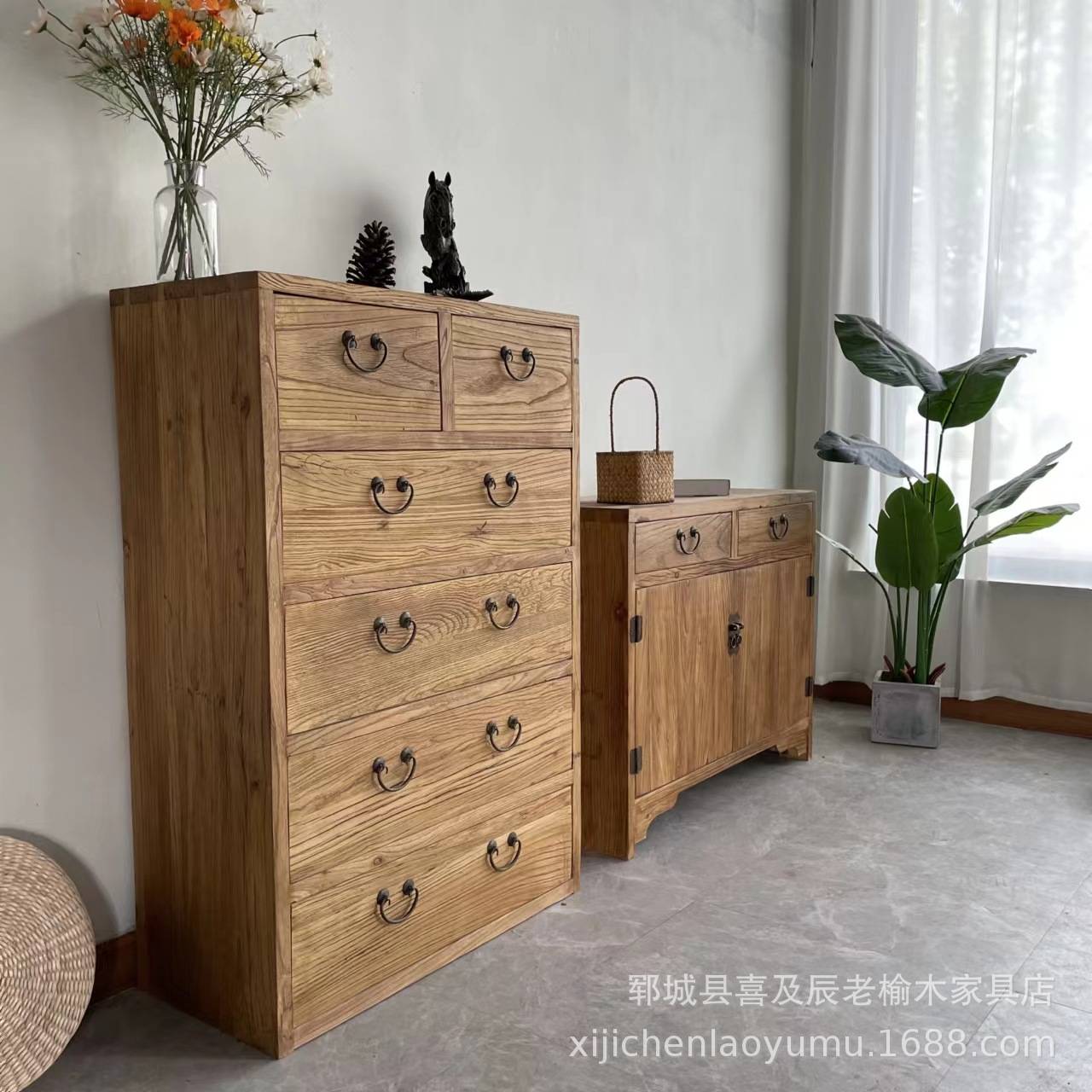 中式复古储物柜实木老九门板8斗餐边柜玄关装饰复古老榆木斗柜