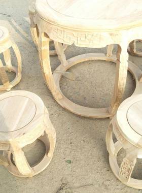 清古典老榆木J-221112家明具套仿古质白茬鼓桌鼓凳木七件圆形小木