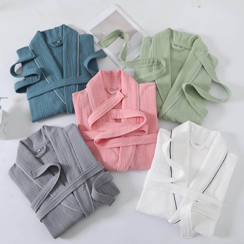 春夏季薄纯棉浴袍双吸层纱布无品牌/短袖款睡袍水男女士速干全棉