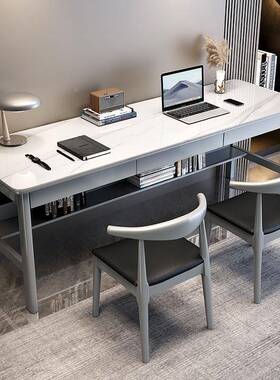 岩板人电脑桌简桌约家用TQM长条双生办公卧室学写字桌子轻奢实木