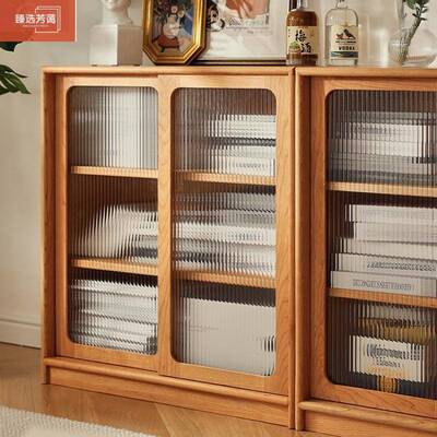 日式实木书柜书架AAT家用樱桃木客厅防尘玻地储物璃柜置落物架组