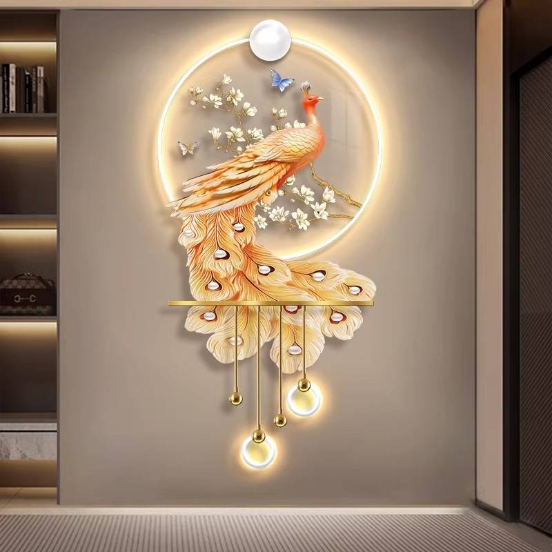 现代轻奢孔雀玄关装饰画寓意好LED灯光挂画走廊立体发光艺术壁灯图片