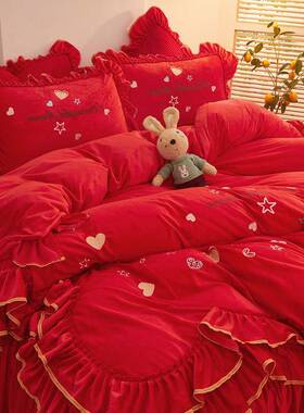 ?婚9J5大红F76HM8JT色床裙四件套瑚绒冬季结婚婚礼嫁床上T用品珊