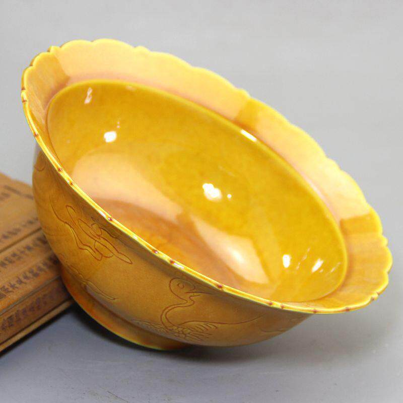 古鹤玩复收藏古做旧摆饰瓷器工艺品明无品牌/黄色四花边碗大弘治