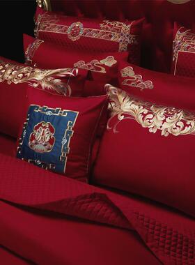 九狐四庆家纺龙凤刺喜婚绣婚房布置长绒棉红色结婚件套备MWL婚床