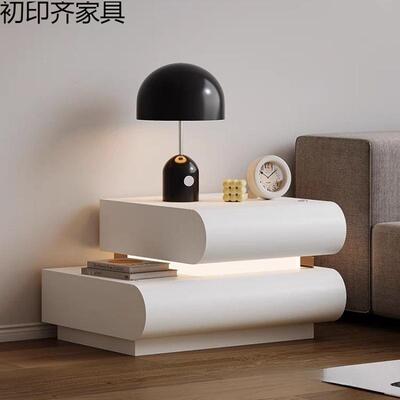 极网红AGL床头款柜意式卧室家用皮质白简新实木色收纳床边柜储物