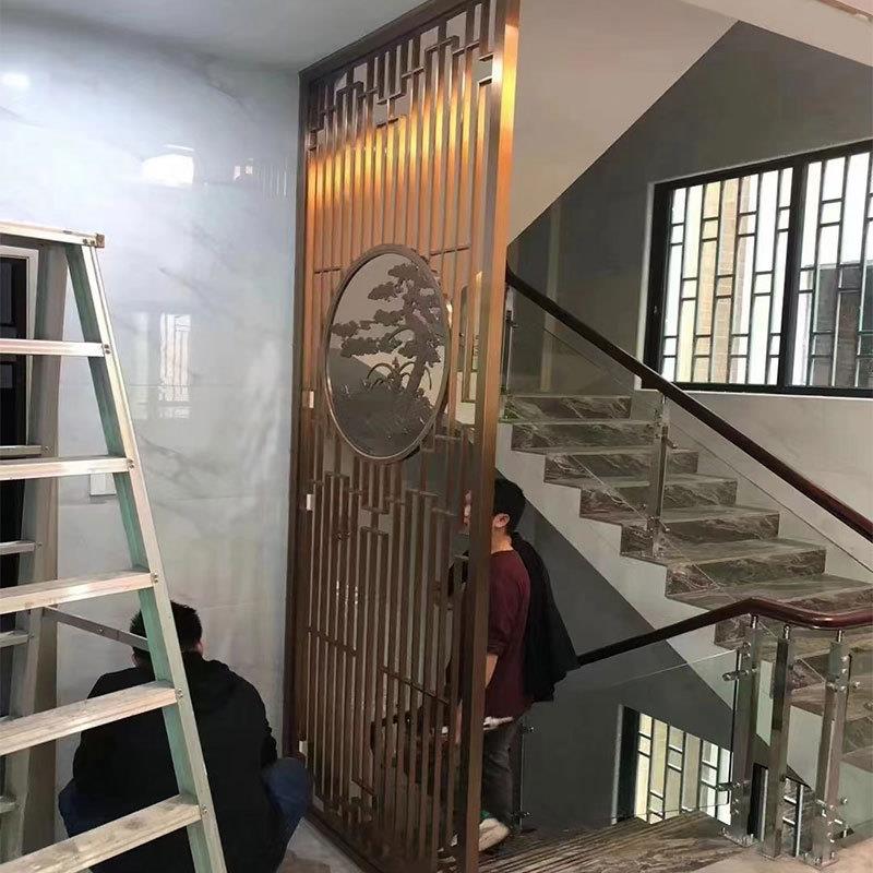 新式餐户花格不锈钢屏风玄关中格栅客厅厅gc859钛金色隔断来入图