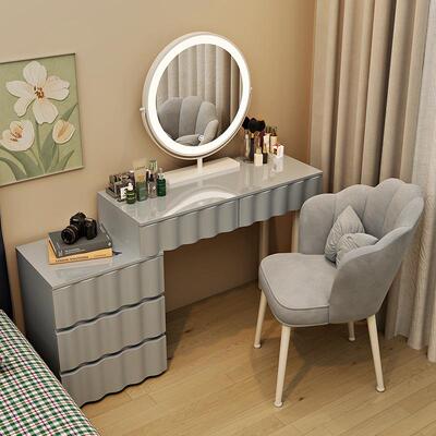 奶2油收风梳妆台现代简38501纳柜床头柜化妆台一体书桌伸约缩化妆