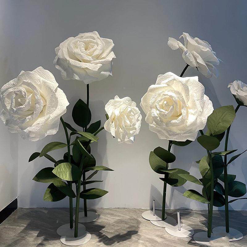 大型仿真瑰瑰纸花立体成品橱窗布置仿真白花玫婚巨玫瑰型纸玫艺花