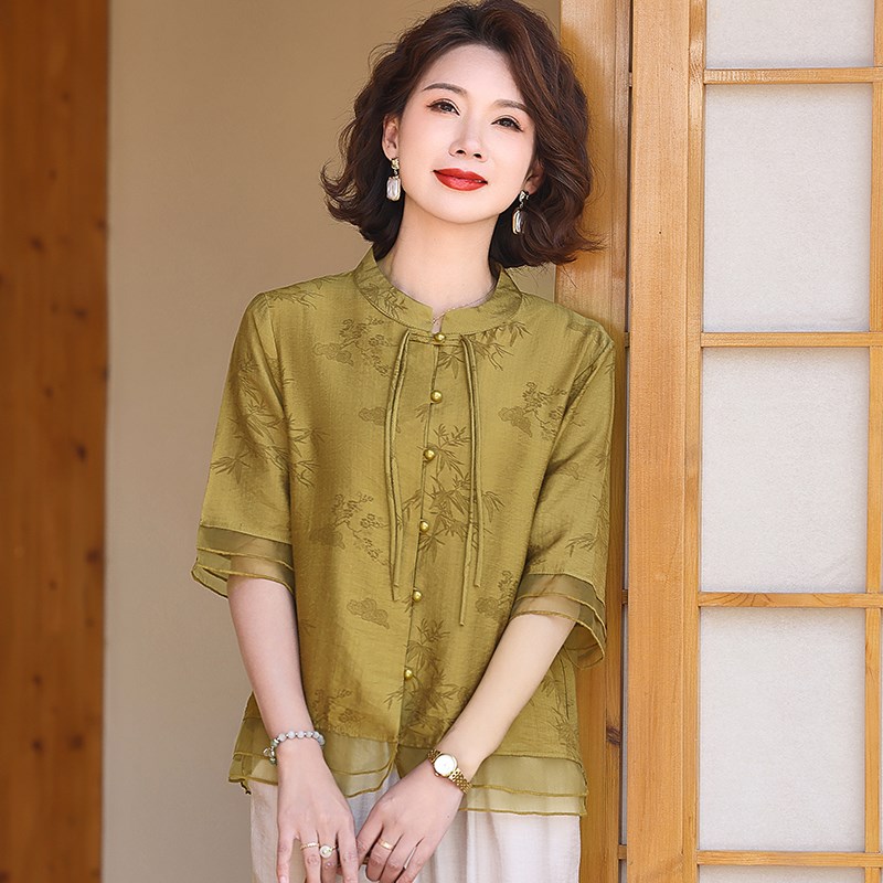 新中式妈妈夏装套装2024新款中老年女春夏衬衫上衣国风时尚两件套