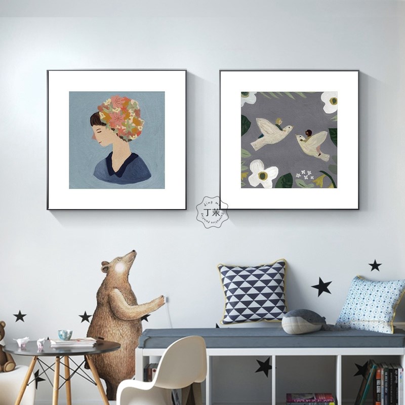北欧儿童房装饰画小众艺术画人物插画卧室床头客厅正方形晶瓷挂画图片