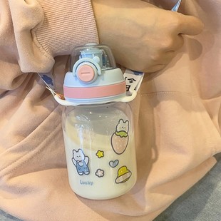 卡通网红透明玻璃杯学生儿童大人两用弹盖直饮杯少女心防漏水杯子