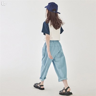 巴拉夏季女童薄款牛仔裤纯棉时尚女孩阔腿裤女童夏季九分裤水洗棉