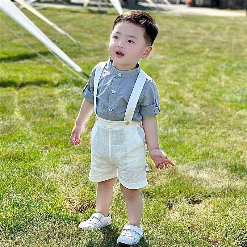 学院风夏季男童绅士套装蓝灰短袖衬衣背带短裤男宝宝周岁生日礼服