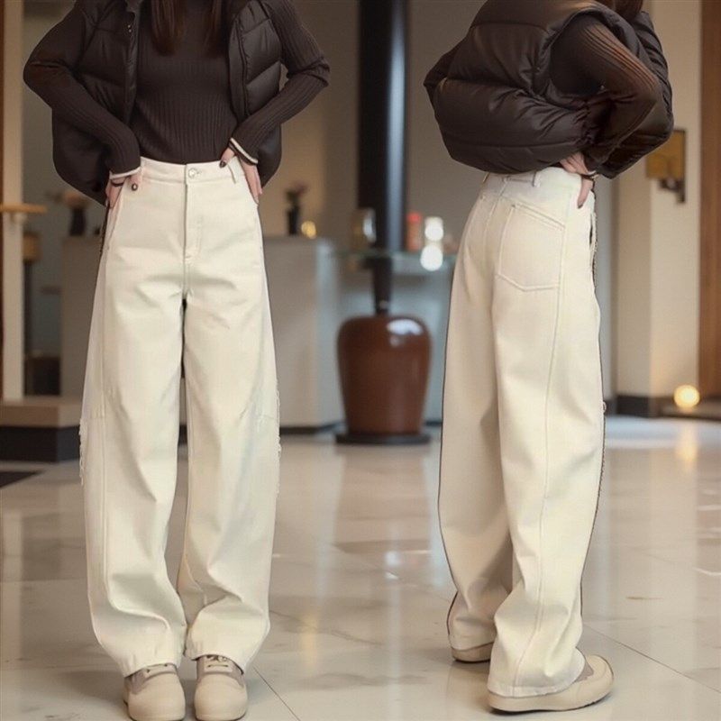 2024年秋冬时尚新款阔腿裤女加绒加厚高腰显瘦百搭阔腿弯刀牛仔裤,女装/女士精品,大码裤装,淘宝优惠券,粉丝福利购,淘宝优惠卷
