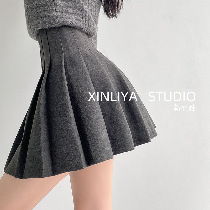 灰色高腰百褶裙女秋冬2022新款小个子显瘦短裙a字jk毛呢半身裙子