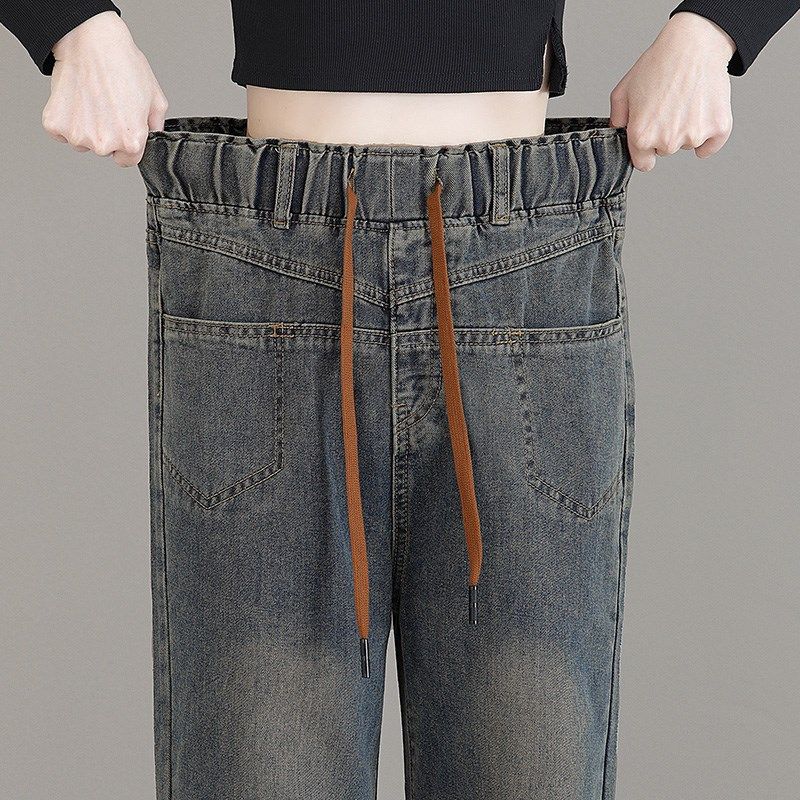 加绒加厚高腰牛仔裤女冬季新款松紧腰拖地女裤窄版阔腿裤直筒裤女