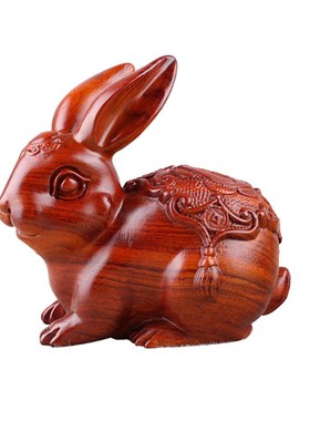花梨木雕兔子摆件实木家居客厅家居装饰品木质手工整木雕刻工艺品