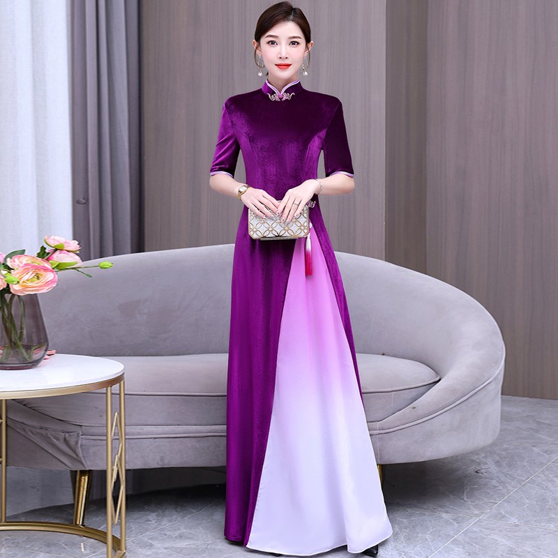 现货速发奥黛走秀长款旗袍2024新款表演高端演出服改良中国风丝绒