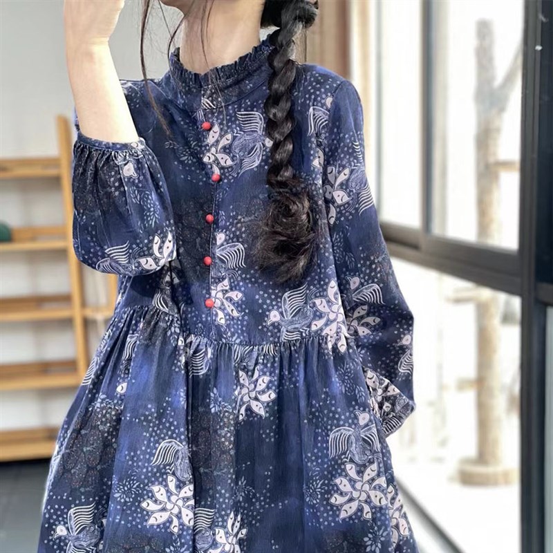 现货速发复古印花棉麻长袖连衣裙高腰宽松气质减龄大摆亚麻裙子