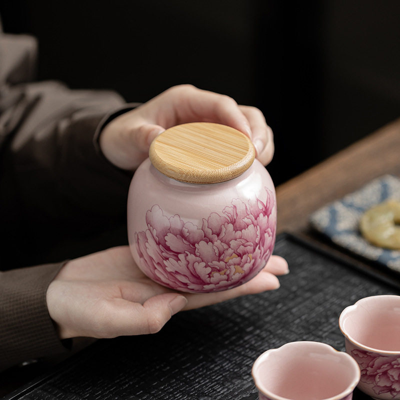 粉色汝窑牡丹茶叶罐家用