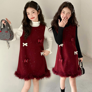 女童秋冬连衣裙2025新款 洋气儿童小香风套裙女孩高端红色新年裙子