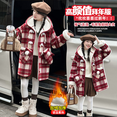 女童年服红色格子大衣冬季新款