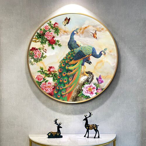孔雀圆形玄关装饰画新中式客餐厅背景墙挂画入户对门走廊过道壁画