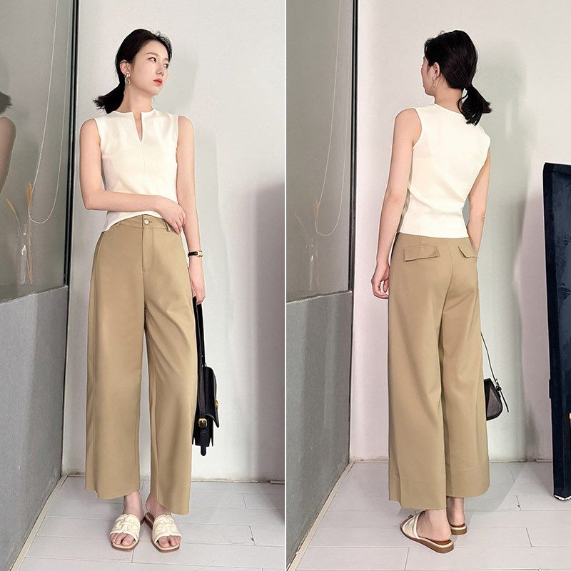 卡其色阔腿裤女夏2025新款高端西装垂感高级感工装宽松直筒九分裤