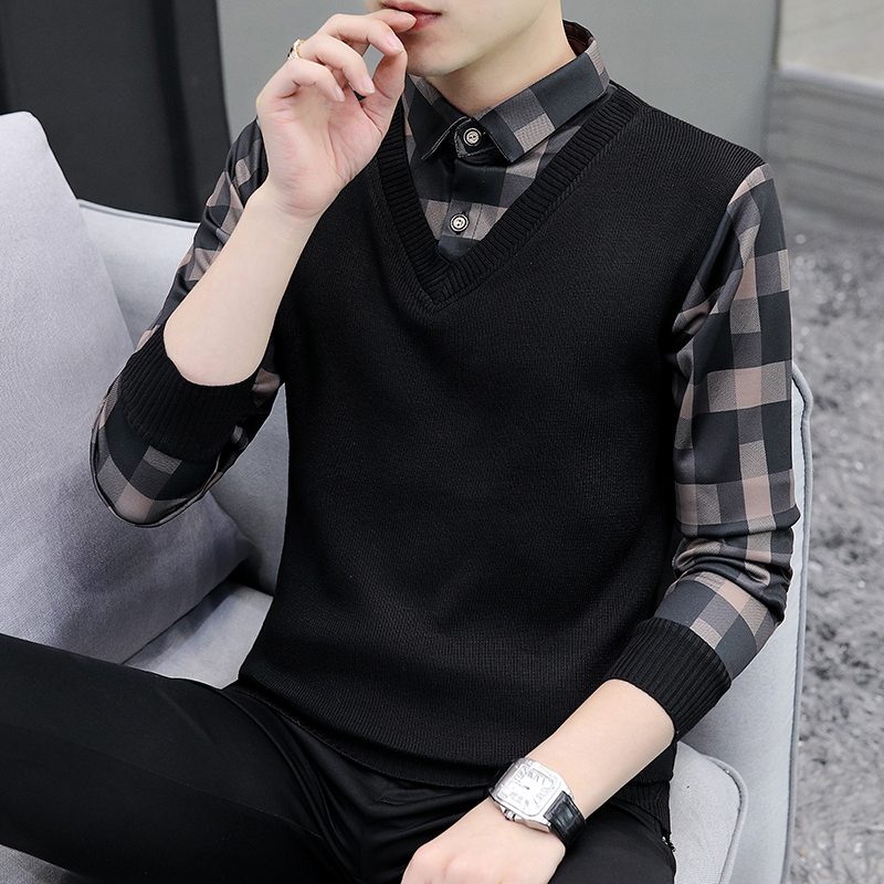 秋冬季长袖假两件衬衫男士加绒春秋款免熨烫加厚休闲寸衬衫外套上