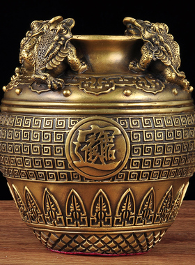 聚宝盆摆件金蟾招财黄铜家居客厅玄关电视柜装饰品铜罐子盆工艺品