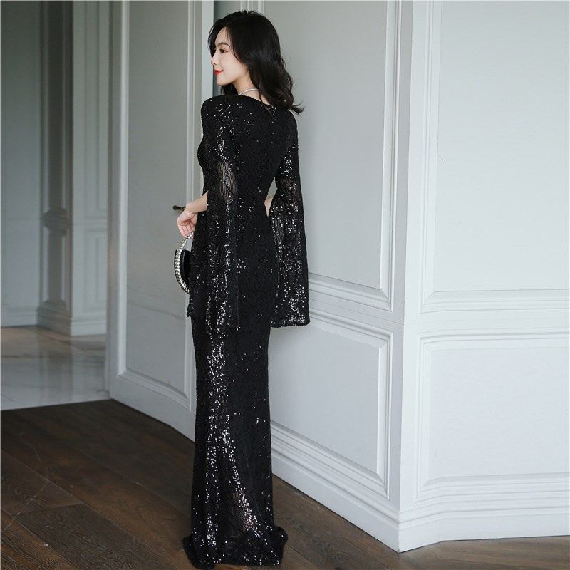高级质感晚礼服女2024新款宴会年会主持气质长款显瘦亮片显瘦黑色