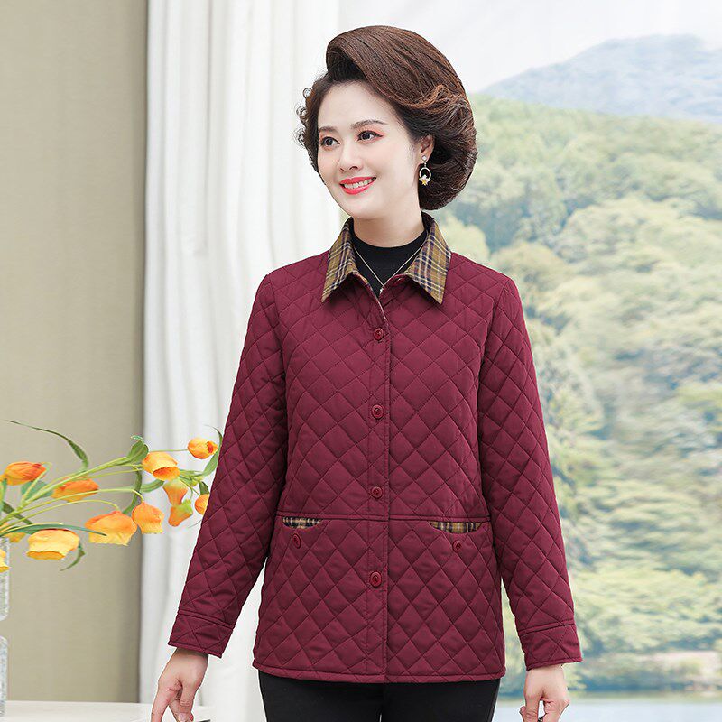 妈妈春秋装夹棉外套女新款夹克长袖上衣50岁中老年女装轻薄小棉衣
