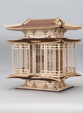 新中式禅意古建筑木雕凉亭工艺软装饰品样板房书柜玄关售楼处摆件