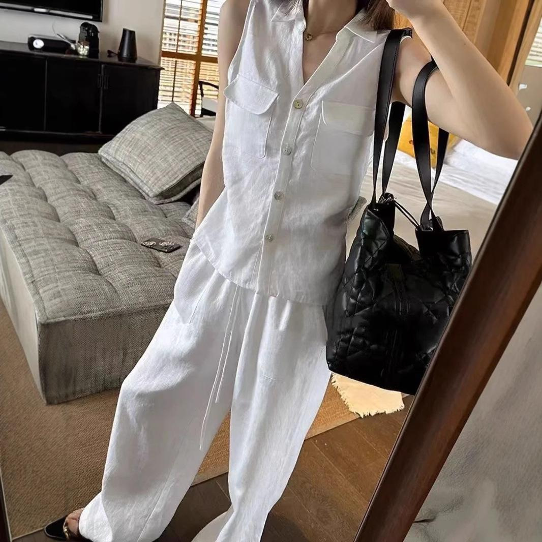 100%亚麻逅清爽之夏*白色亚麻阔腿裤女亚麻无袖V领背心马甲套装夏
