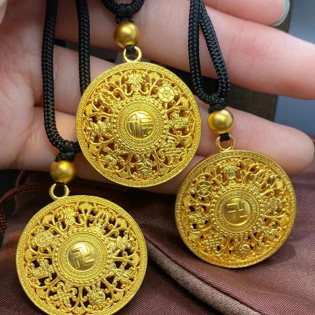 金包银古法八宝罗盘吊坠福字镂空时来运转如意圆盘挂坠锁骨毛衣链