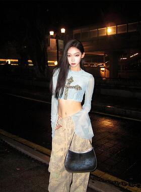 LADAYLS【杂志小姐】印花圆领网纱微透喇叭袖烫钻辣妹T恤女ins