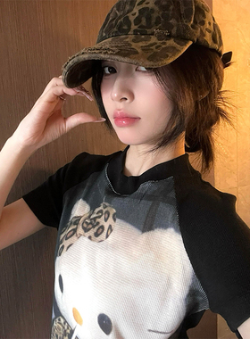小众卡通kitty猫咪喷墨印花豹纹元素插肩短款T恤女修身百搭上衣夏