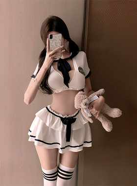 悠姿少女学院风清纯性感镂空上衣女撞色超短裙水手服薄款套装潮