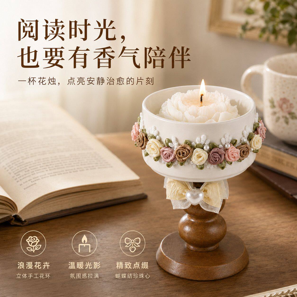 送女生礼品浪漫花环杯蜡山茶花造型陶瓷杯暖心生日礼物伴手礼